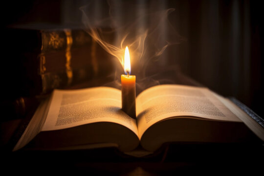 Candle light through ancient book Image ai generate