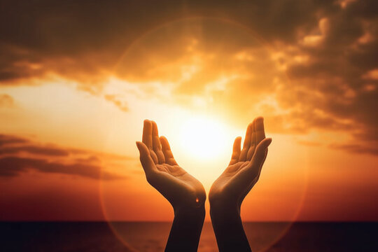 Hands holding the sun at dawn Image ai generate