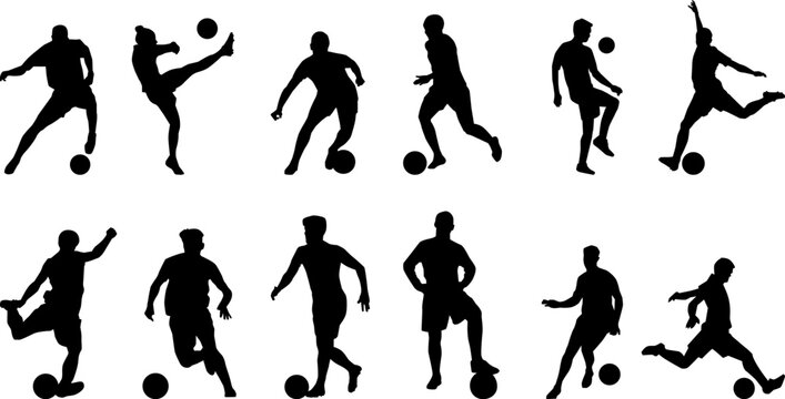 set of silhouettes of people football