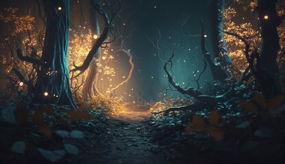 Fantasy nighttime forest landscape with shimmering lights. Generative AI.
