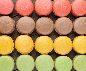 Closeup of assorted, various flavors macarons