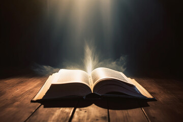 Open Bible with a light coming from above on a wooden desk Image ai generate