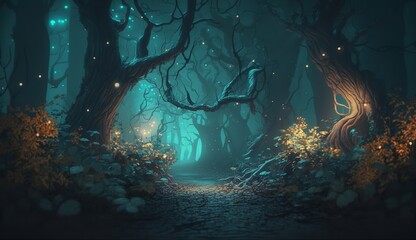 Fantasy nighttime forest landscape with shimmering lights. Generative AI.
