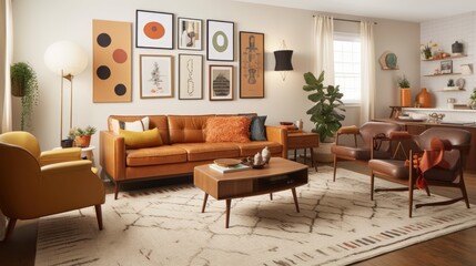 Mid-Century Modern Living Room with Tan Leather Sofa, Geometric Rug and Vintage Art Prints. Generative AI