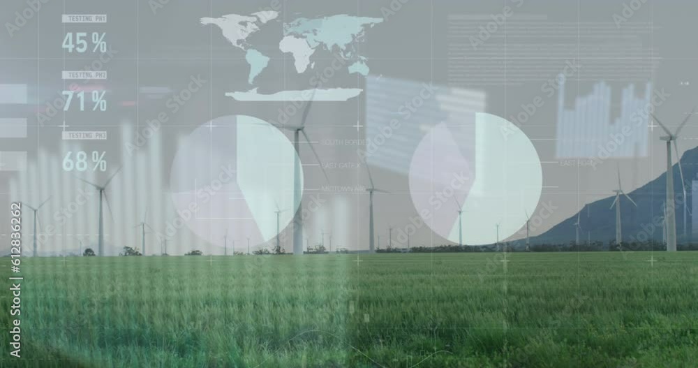 Poster animation of statistical data processing over spinning windmills on grassland against grey sky