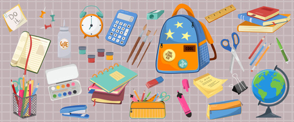 Big vector set of school supplies. School design, sticker design, web elements. Suitable for posters, banners.