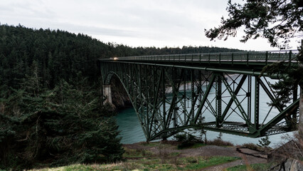 View of the Deception Pass Bridge over the water in Washington state