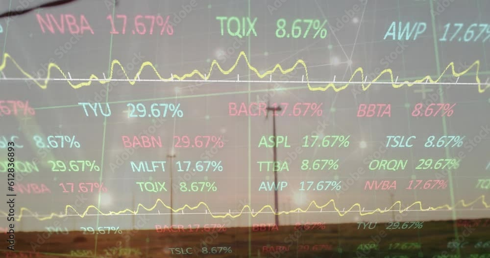Poster animation of stock market data processing and network of connections against spinning windmills