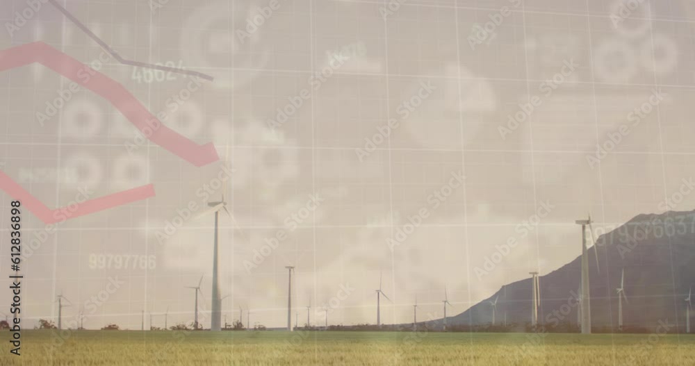 Poster animation of statistical data processing over spinning windmills on grassland against grey sky