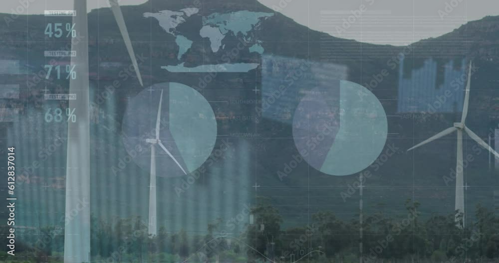 Poster animation of statistical data processing over spinning windmills on grassland against grey sky