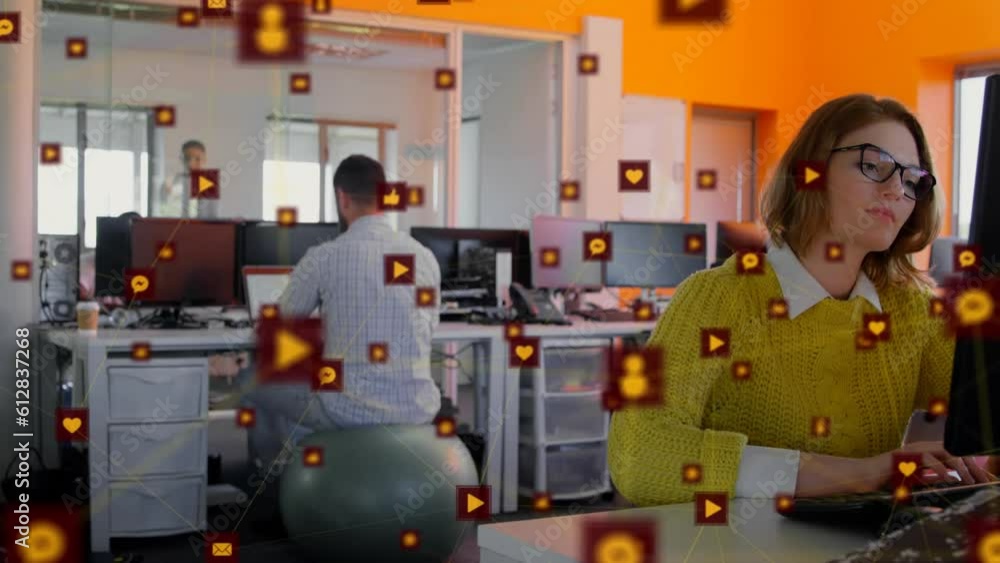 Poster animation of network of digital icons against caucasian woman using computer at office