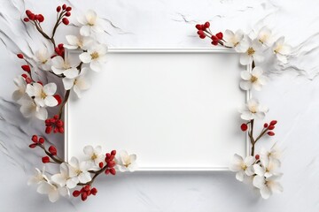 Naklejka na ściany i meble Empty frame with flowers on white background for wedding and valentine's day Generative AI