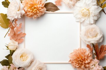 Obraz na płótnie Canvas Empty frame with flowers on white background for wedding and valentine's day Generative AI