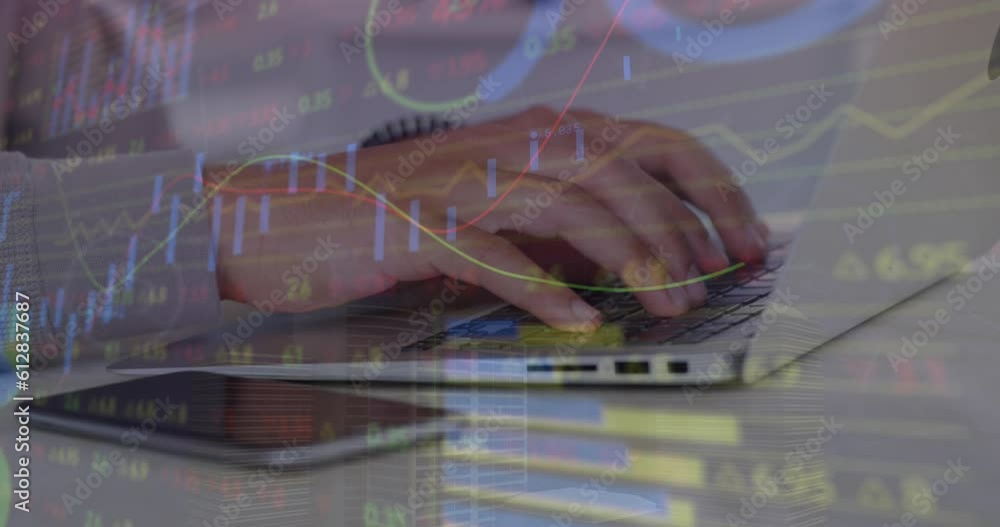 Poster animation of statistical data processing against mid section of a man using laptop at office