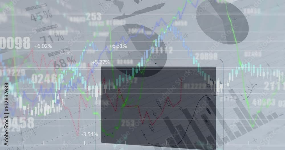 Poster animation of changing numbers, financial and statistical data processing against close up of laptop
