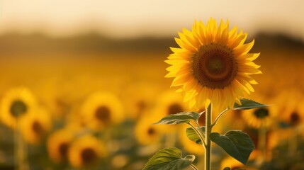 Fototapeta premium Beautiful field of blooming sunflowers against sunset. Generative AI.