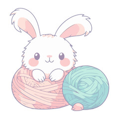 Fluffy baby rabbit in basket with wool ball