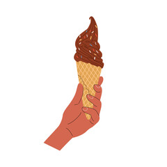 Hand holding ice cream in wafer style cone.Vector cartoon flat style illustration