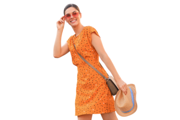 Portrait fashion woman is posing on a transparent background, summer street fashion. Laughing and smiling portrait