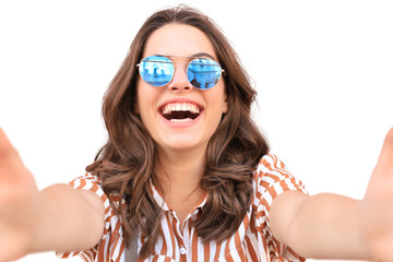 Optimistic smiling girl posing on a transparent background.