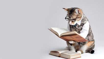 Cute pet cat with eyeglasses and opened book. AI generated.