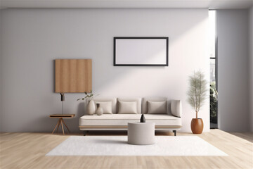 Interior of modern living room with white walls, wooden floor, white sofa standing near round coffee table and plant in pot. Vertical mock up poster frame. ia generative