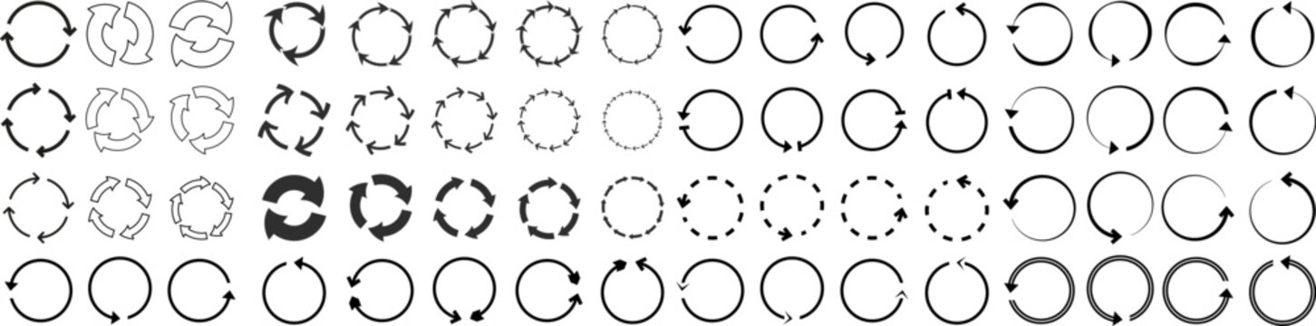 Circle arrows. Round reload or repeat icon, rotate arrow and spinning loading symbol. Vector 