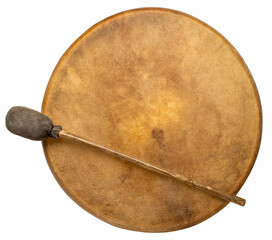 handmade, native American style, shaman frame drum covered by goat skin with a beater isolated on white