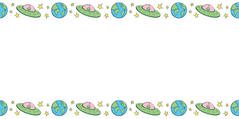 Vector frame from Flying Saucers with cute aliens, the Earth and stars in doodle flat style. Horizontal top and bottom edging, border, decoration on theme of space, fantastic, kids design