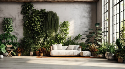 Fototapeta na wymiar modern apartment interior in light colors, natural materials, eco concept, cozy with many house plants,copy space, mockup