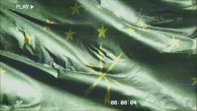 Adygea VHS video casette record flag waving on the wind. Glitch noise with time counter recording banner swaying on the breeze. Seamless loop.