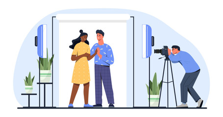 Young couple at photo session concept. Photographer takes pictures in studio of man and woman. Romantic and love photography. Creativity and art. Cartoon flat vector illustration