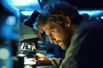 A close - up shot of a scientist peering through a microscope. Generative AI