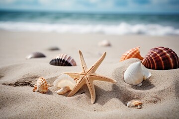 Fototapeta na wymiar Photo starfish with seashells in sand. Generative AI