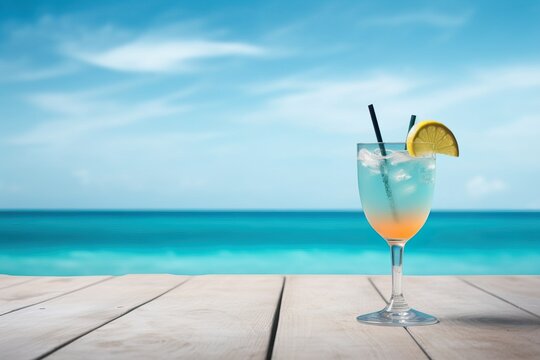 Photo summer product backdrop, blue sea and drink. Generative AI