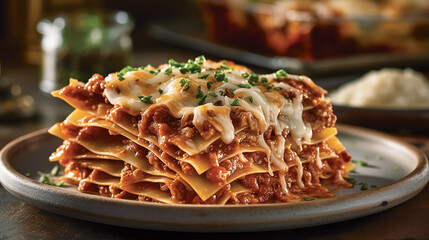 Tasty lasagne with tomato sauce. AI generativ.