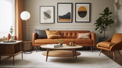 Mid-Century Modern Living Room with Tan Leather Sofa, Geometric Rug and Vintage Art Prints. Generative AI