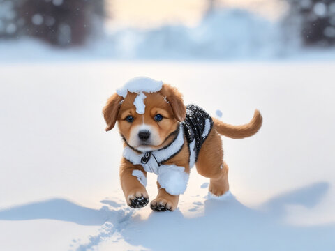 Dog playing in white snow in winter Park for a walk AI GENERATED