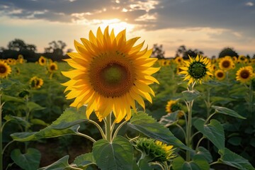 photo closeup shot of a sunflower head with the field of many on the surface. Generative AI