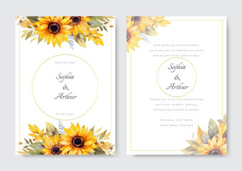 Elegant wedding cards template set with watercolor flowers