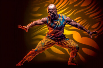 Fototapeta na wymiar Athletic man in dynamic dance pose, colorful blue and yellow clothes, studio portrait. Generative AI