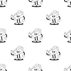 Vector seamless pattern with cartoon retro mascot illustration of a walking piece of cheese on a white background. Vintage style 30s, 40s, 50s old animation. - 612840649