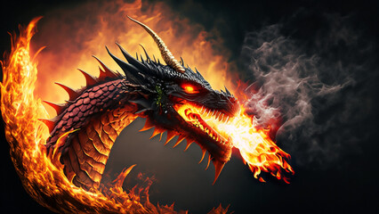 Fototapeta na wymiar Dragon breathing fire in front of dark background Created with generative ai