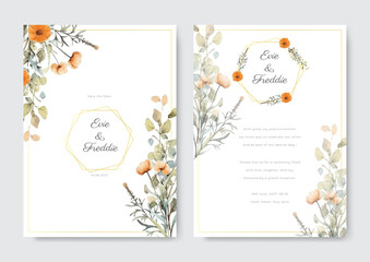 White summer floral wedding invitation card with watercolor floral decoration and abstract background
