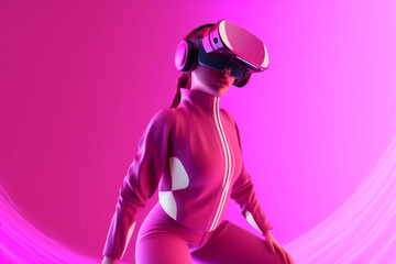 woman vr reality neon digital virtual game innovation yoga glasses sport. Generative AI.