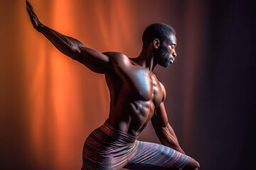 Man in dynamic pose with arm lifted, side profile, shirtless, studio portrait. Generative AI