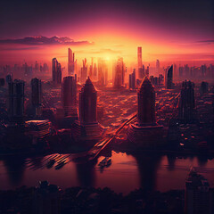 futuristic megacity at sunset