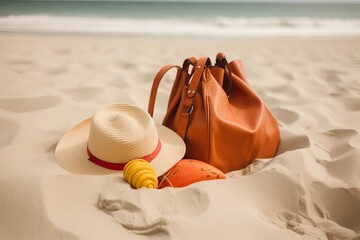 Photo bag with beach accessories kept on sand. Generative AI