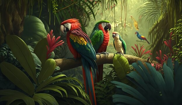 Illustration of a jungle in the tropics with parrots. Generative AI.