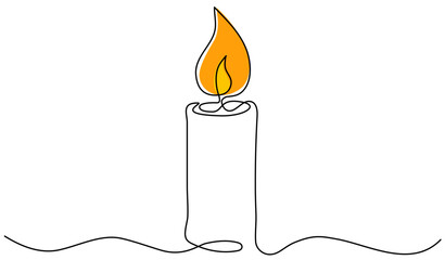 Candle burning continuous one line drawing. Vector illustration isolated on white.